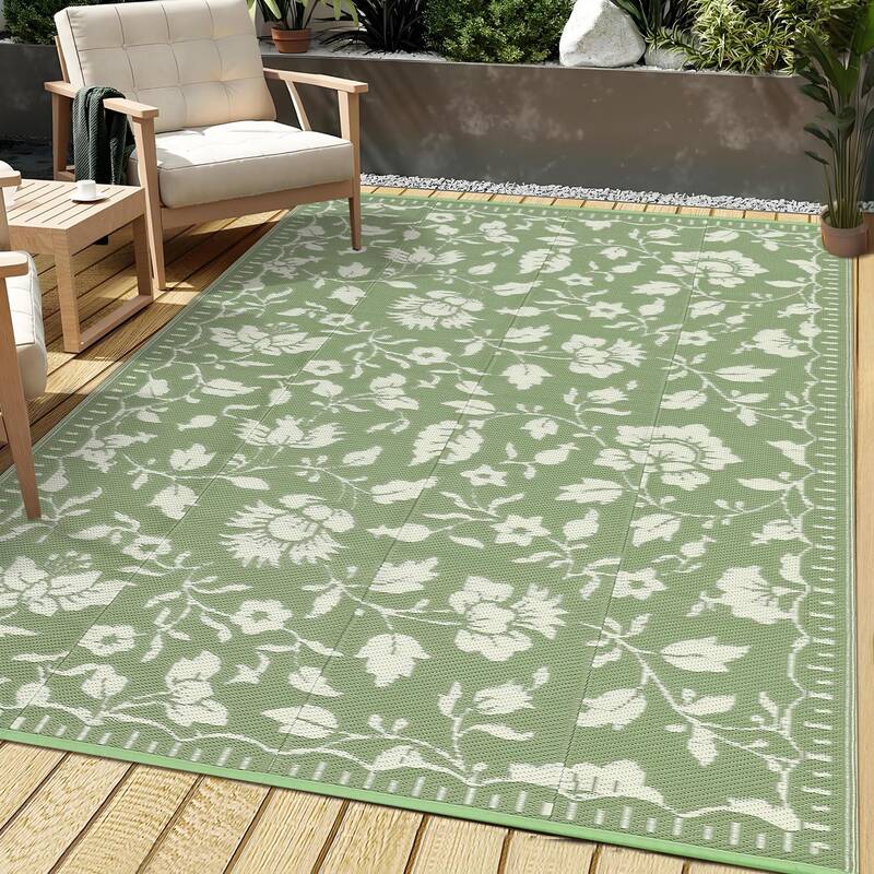 Garvee 6x9 Outdoor Patio Rug, Waterproof Floral Plastic Straw Rug, UV Resistant Reversible Camping Mat with Carry Bag for Dec...