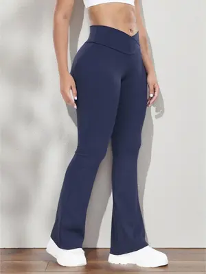 Women's Solid High Waist Flare Leg Sports Leggings, Casual Overlap Bell Bottom Pants,  Gymreapers, Women Sport & Outdoor Clot...