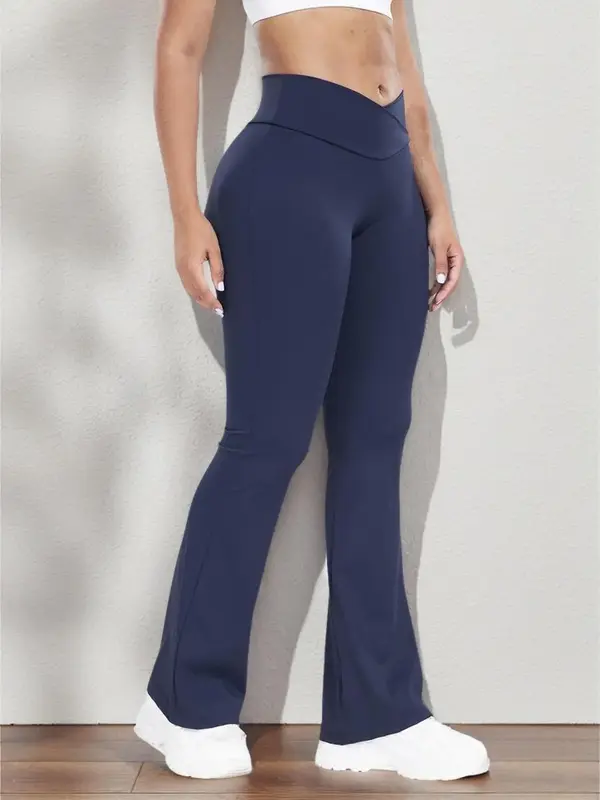 Women's Solid High Waist Flare Leg Sports Leggings, Casual Overlap Bell Bottom Pants,  Gymreapers, Women Sport & Outdoor Clot...