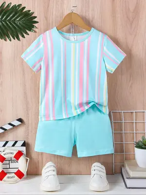 Toddler Boy's Striped Print Short Sleeve T-Shirt & Elastic Waist Shorts Set, Casual Round Neck Tee & Track Shorts for Summer