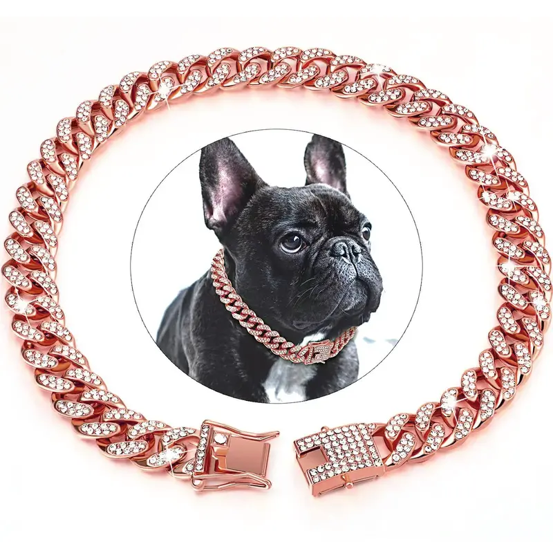 Rhinestone Decor Dog Chain Collar, Walking Jewelry Necklace Accessories for Dogs & Cats, Cuban Collar with Secure Buckle