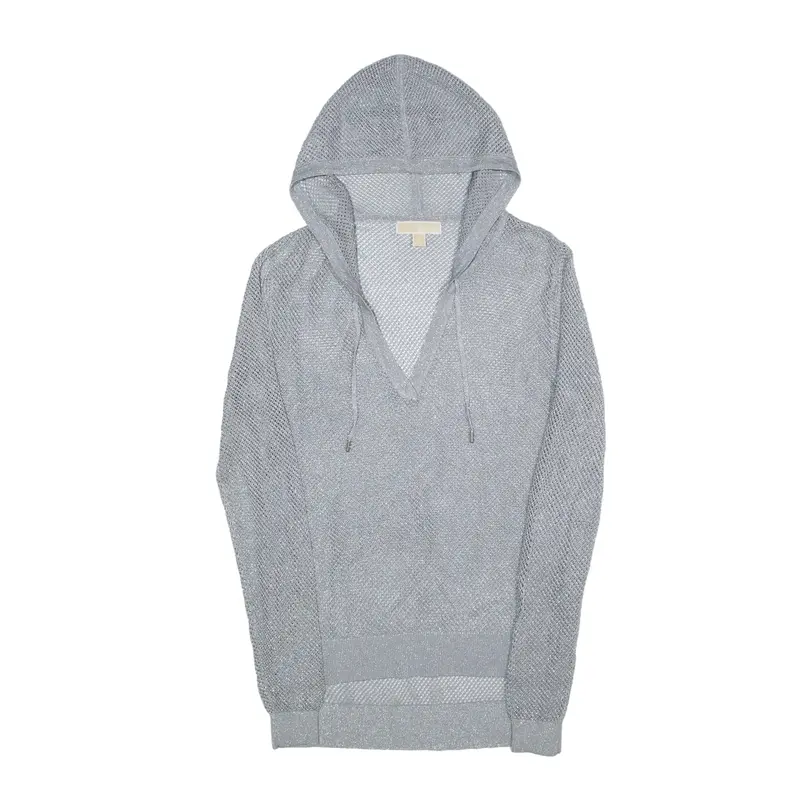MICHAEL KORS Open Knit V-Neck Metallic Hoodie Silver Pullover Viscose Womens S