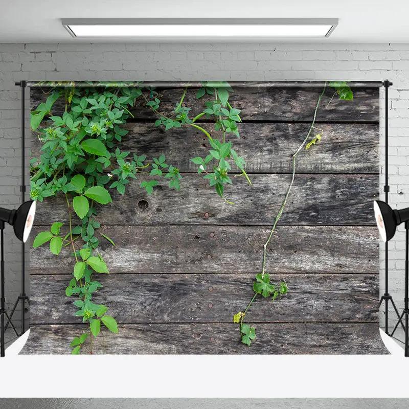 Green Leaves Dark Grey Wood Photography Backdrop - Aperturee