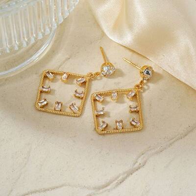 Geometric Hollow Design Brass Pave Clear Cubic Zirconia Stud Earrings