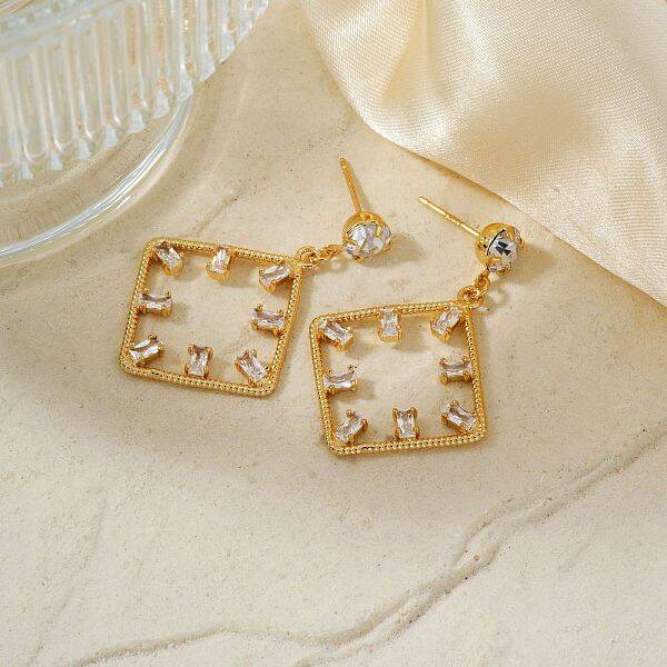 Geometric Hollow Design Brass Pave Clear Cubic Zirconia Stud Earrings