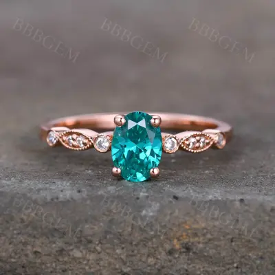 6x8mm Oval Cut Garnet Promise Ring Rose Gold Half Eternity Diamond Band