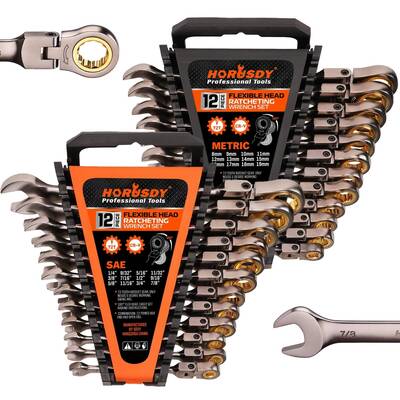 HORUSDY Flex-Head Ratcheting Wrench Set  Metric and SAE  Ratchet Combination Wrenches Set with Organizer  72-Teeth  Chro