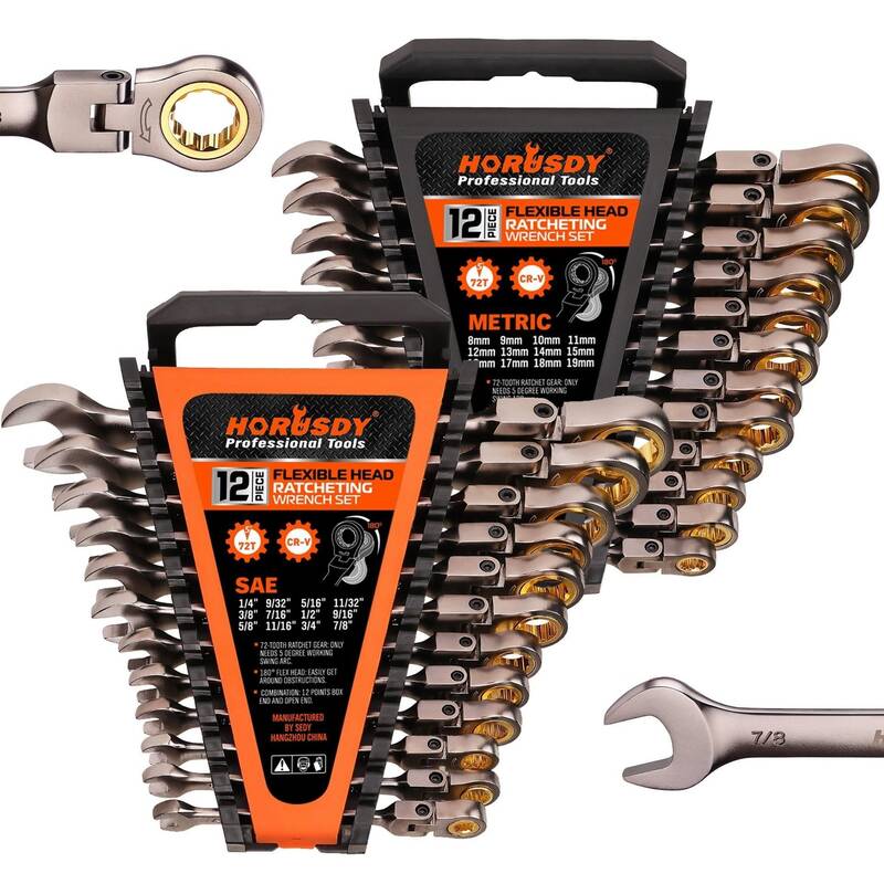 HORUSDY Flex-Head Ratcheting Wrench Set  Metric and SAE  Ratchet Combination Wrenches Set with Organizer  72-Teeth  Chro