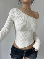 Women's Plain Asymmetrical Neck Crop Sweater, Casual Longsleeves Asymmetrical Hem Tops for Spring & Fall, Fashion Women's Kni...