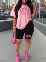 Women's Letter Print Sportswear Set, Sporty Casual Comfy Round Neck Short Sleeve T-shirt & Skinny Shorts for Daily Outdoor We...