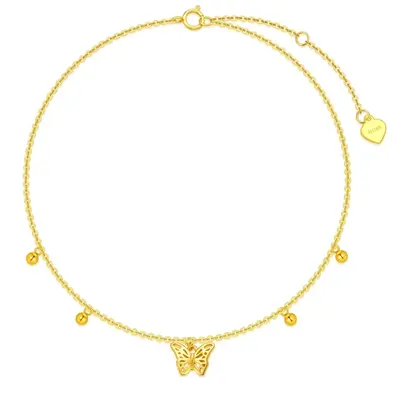 14K Gold Butterfly & Bead Single Layer Charm Anklet
