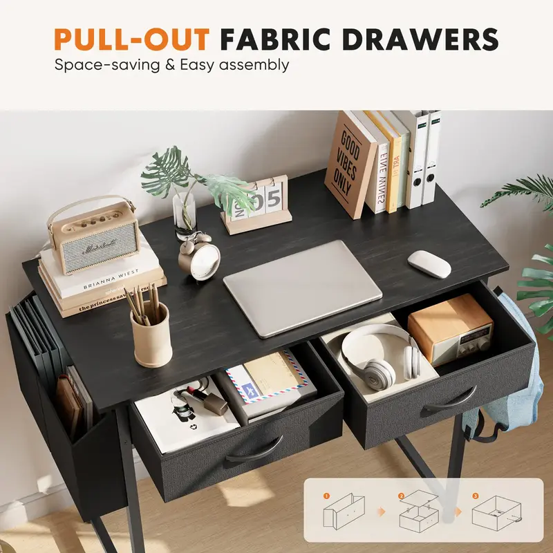 Furnest Computer Desk with Drawers Study Writing Table with Storage Bag Headphone Hook Adjustable Feet for Home Office Small ...