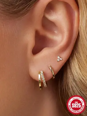 S925 Sterling Silver Glittering Minimalist Hoop Earrings & Stud Earrings, Fashionable Hoop & Stud Earrings for Women & Girls