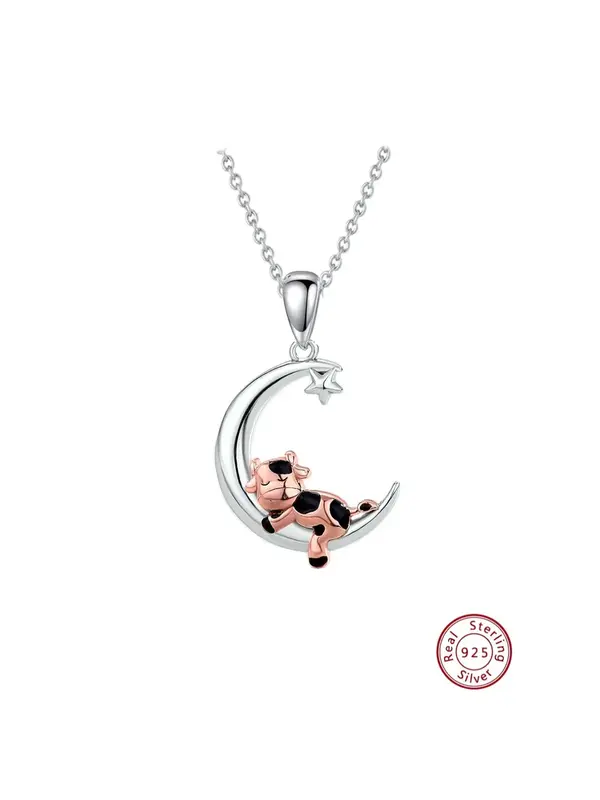 925 Sterling Silver Cute Cow & Moon Design Pendant Necklace, Animal Design Pendant Necklace, Fashion Jewelry Accessories for ...