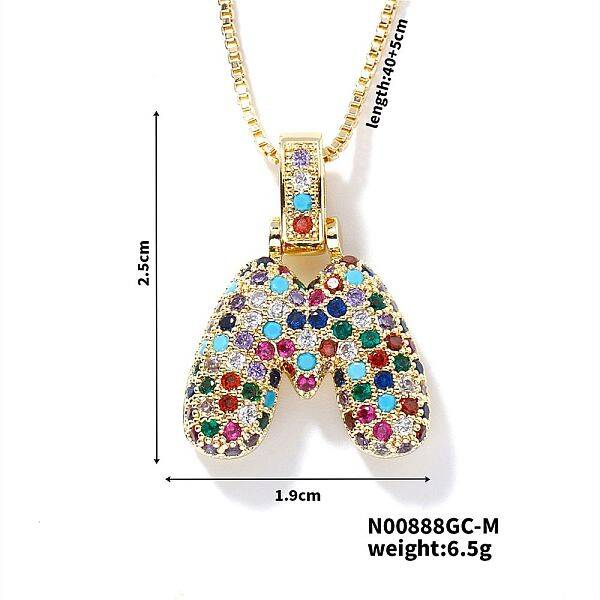Brass Pave Colorful Cubic Zirconia Letter Pendant Box Chain Necklaces