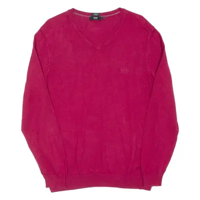 BOSS Mens Jumper Maroon V-Neck Tight Knit L
