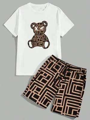 Two Counts Men's Geometric Print Pocket Co-ord Set, Casual Short Sleeve Crewneck Tee & Drawstring Waist Shorts Suits Set, Me...