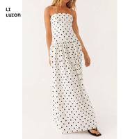 Women White Polkadot Strapless Maxi Dress Flowy Y2k Backless Tube Long Dress Drop Waist Ruched A Line Sundress  Formal Evenin...
