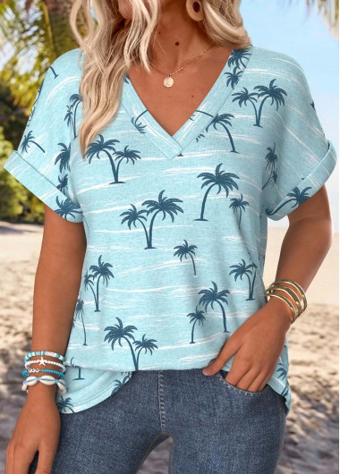 Modlily Blue Tropical Plants Print Short Sleeve T Shirt - XL