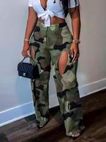 Women's Camouflage Print Cut Out Pocket Straight Leg Pants, Casual Wear Street Fashion Fitted Zipper Fly Button Trousers for ...