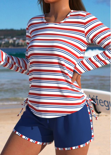 Modlily Mid Waisted Striped Blue Tankini Set - XXL