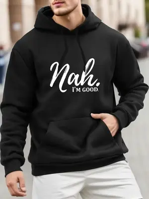 Men's Letter Print Drawstring Pocket Hoodies, Regular Fit Casual Comfy Long Sleeve Hooded Sweatshirt for Daily Wear, Boyfrien...