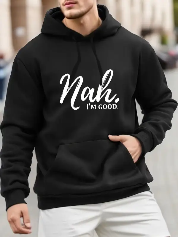 Men's Letter Print Drawstring Pocket Hoodies, Regular Fit Casual Comfy Long Sleeve Hooded Sweatshirt for Daily Wear, Boyfrien...