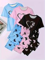 Women's Heart Print Round Neck Tee & Butterfly Print Pants Pajamas Set, Women Cute Nightwear, Comfort Casual Tee & Elastic Wa...