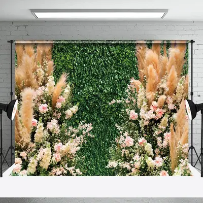 Green Plant Leaves Pink Floral Spring Photo Backdrop - Aperturee