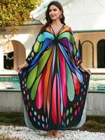 Plus Size Butterfly Print Split Side Kaftan Dress, Boho Casual V Neck Batwing Sleeve Long Dress for Beach Holiday Vacation,...