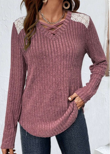 Modlily Dark Reddish Purple Lace Long Sleeve T Shirt - XL