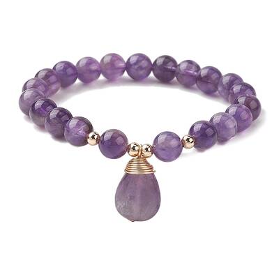 Natural Amethyst Stretch Bracelets with Teardrop Charms for Women