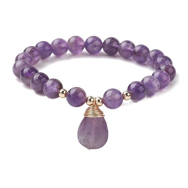 Natural Amethyst Stretch Bracelets with Teardrop Charms for Women