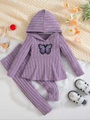 2-piece girls' solid-colored long-sleeved sets autumn/winter bow-tie pullover top and trousers cute elegant baby girl knitted...
