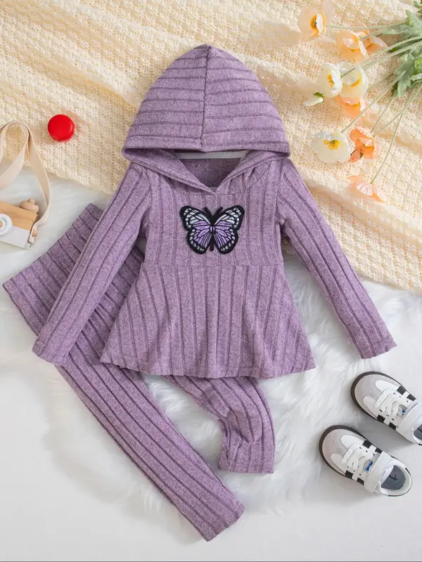 2-piece girls' solid-colored long-sleeved sets autumn/winter bow-tie pullover top and trousers cute elegant baby girl knitted...