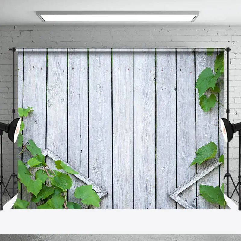 Green Leaves Light Grey Wood Backdrop For Photo - Aperturee