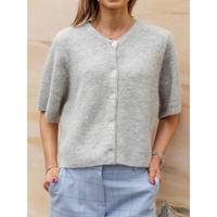 New round neck solid color short knit cardigan loose long sleeve top Women's Solid Color Cardigan Short Sleeve Round Neck But...