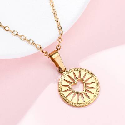 Flat Round with Heart 304 Stainless Steel Pendant Necklaces