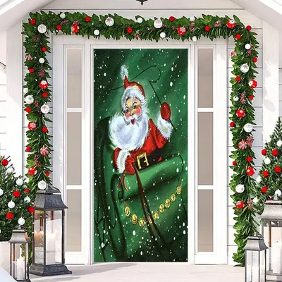 Green Sled Santa Claus Snowy Christmas Door Cover - Aperturee