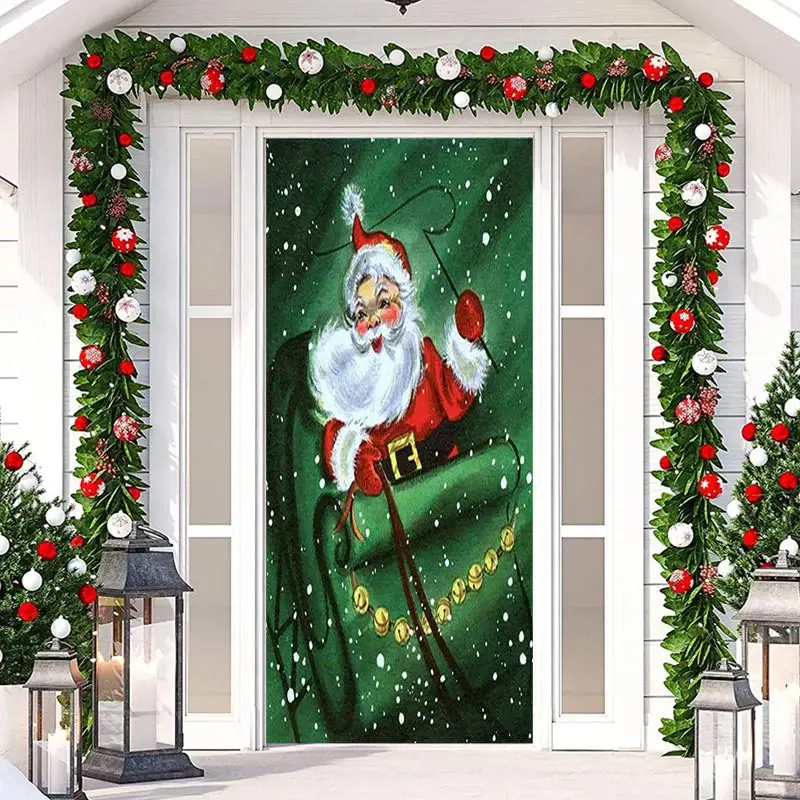 Green Sled Santa Claus Snowy Christmas Door Cover - Aperturee