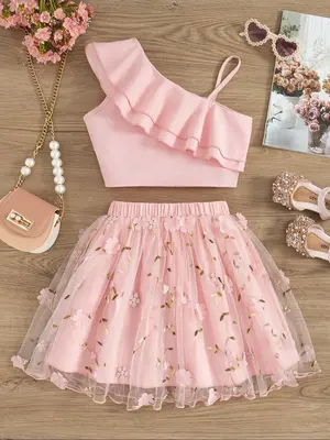 Girl's Solid Tank Top & Floral Print Mesh Skirt Two-piece Set, Casual Fashion Cozy Two Piece Outfits for Daily Outdoor Wear,...