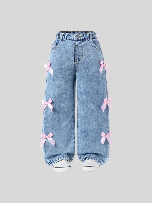Toddler Girl's Denim Bow Decor Jeans, Cute Comfy Trousers for Daily Wear, Kids Bottoms for All Seasons
