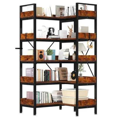 Garvee 5 Tier Bookshelf, Reversible L Shaped Corner Bookshelf with 10 Open Shelves, 65 Industrial Wooden Corner Shelf Storag...