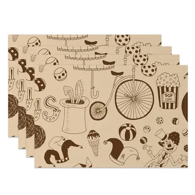 Aperturee Retro Brown Clown Circus Pattern Set Of 4 Placemats, 14x12 Inch, 15.8 USD, NYWH00361-S, placemats