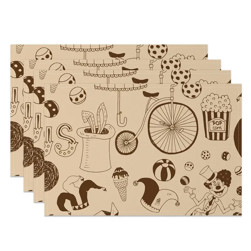 Aperturee Retro Brown Clown Circus Pattern Set Of 4 Placemats, 14x12 Inch, 15.8 USD, NYWH00361-S, placemats