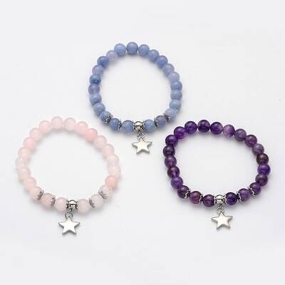 Natural Mixed Stone Beaded Star Charm Stretch Bracelets