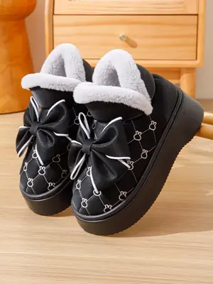 Women's Cute Bowknot Decor Quilted Design Plush Slippers, Casual Soft Comfortable Home Slippers, Warm Slippers for Indoor & O...