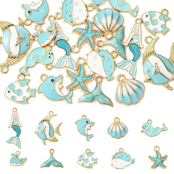 20Pcs 10 Styles Sea Animal Alloy Enamel Pendants