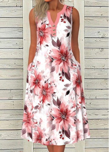 Modlily Pink Button Floral Print A Line Sleeveless Dress - XXL