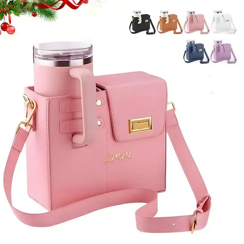 Portable Crossbody Water Cup Storage Bag, 1 Set PU Leather Water Bottle Holder with Adjustable Shoulder Strap, Cup Bag for Ou...